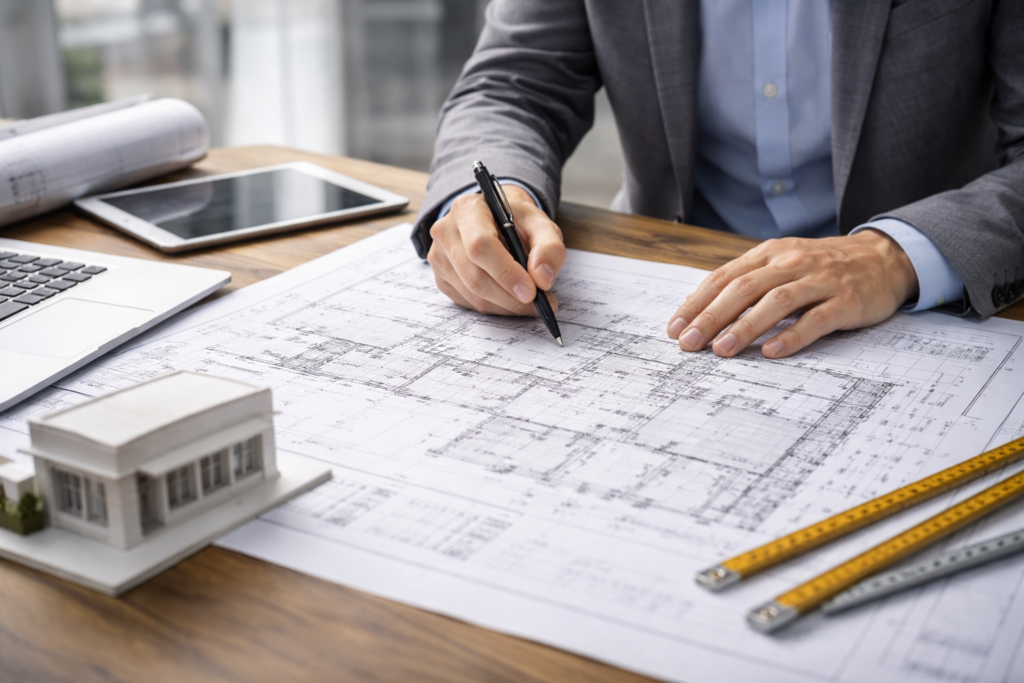 Técnico revisando planos para comprobar la compatibilidad urbanística de un local antes de abrir un negocio