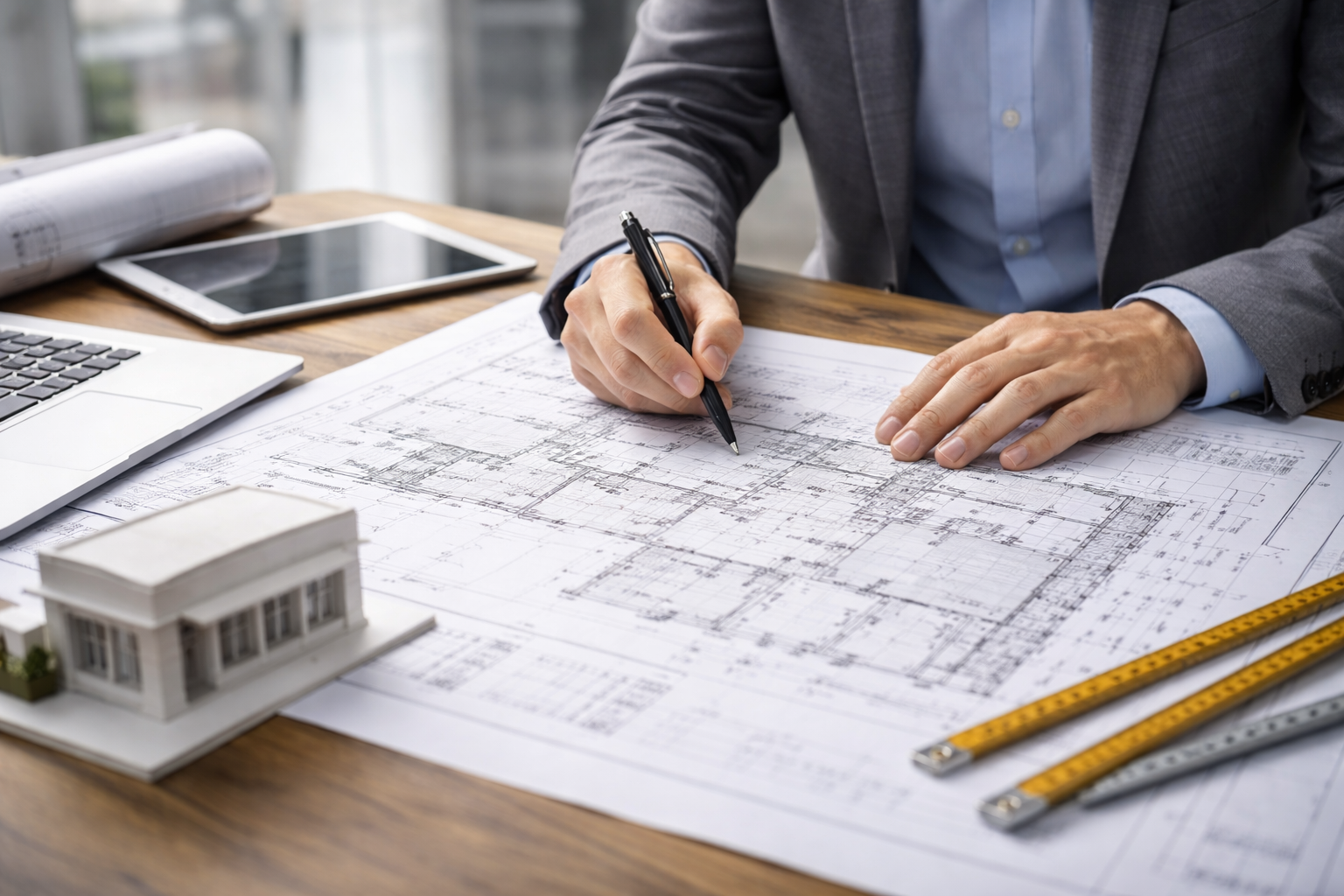 Técnico revisando planos para comprobar la compatibilidad urbanística de un local antes de abrir un negocio