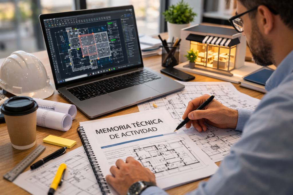 Arquitecto preparando memoria técnica de actividad con planos y proyecto en ordenador